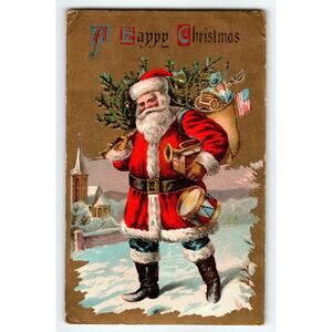 Vintage Santa Claus Christmas Postcard with Toys and Tree, Early 1900s
